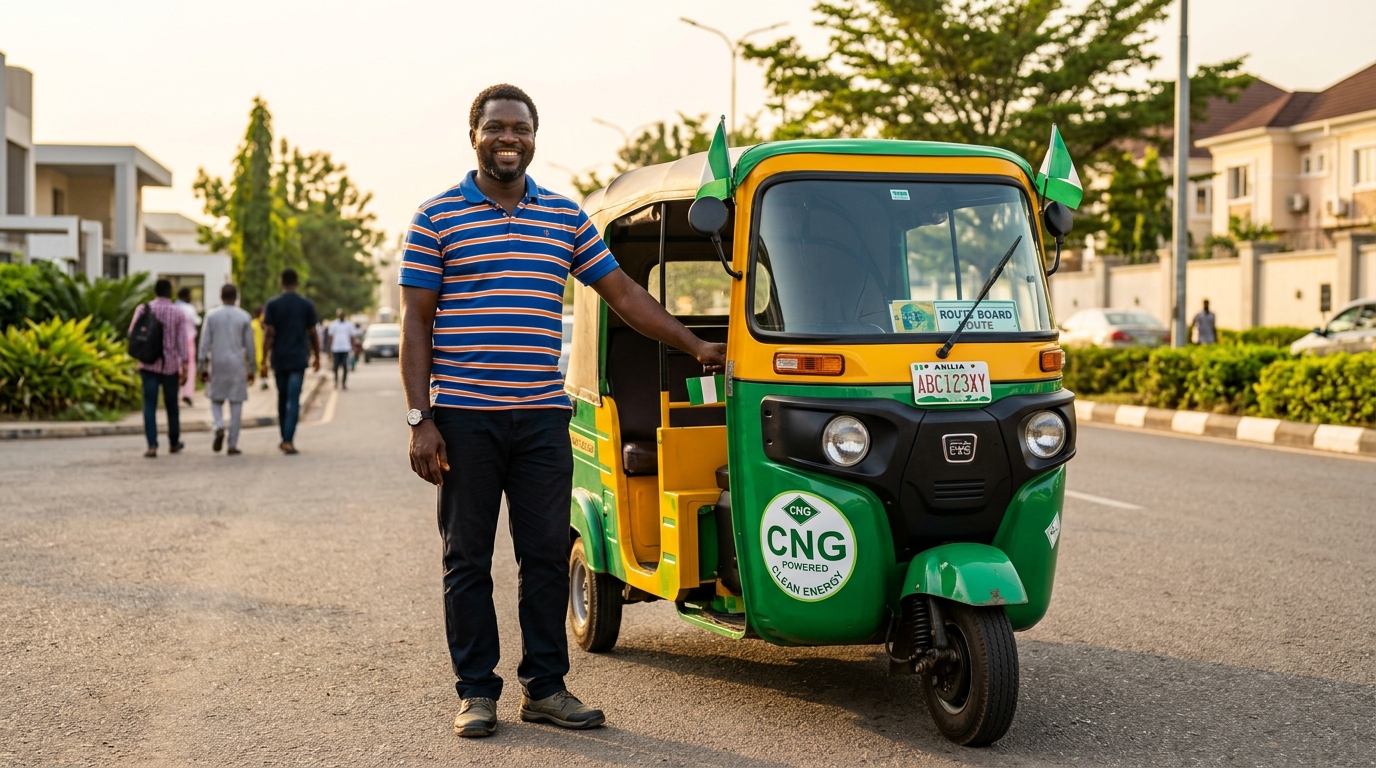 A cheerful Nigerian commercial keke driver standing proudly beside his CNG-powered tricycle